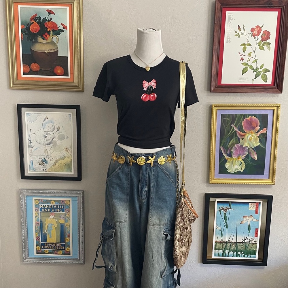 Black Crop Tee with Cherry Motif